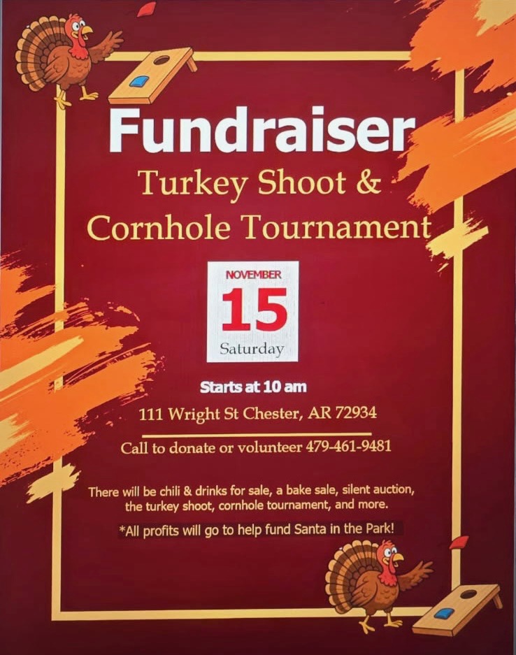 A flyer containing information about a Turkey Shoot & Cornhole Tournament; Depicts a turkey throwing a cornhole bag 